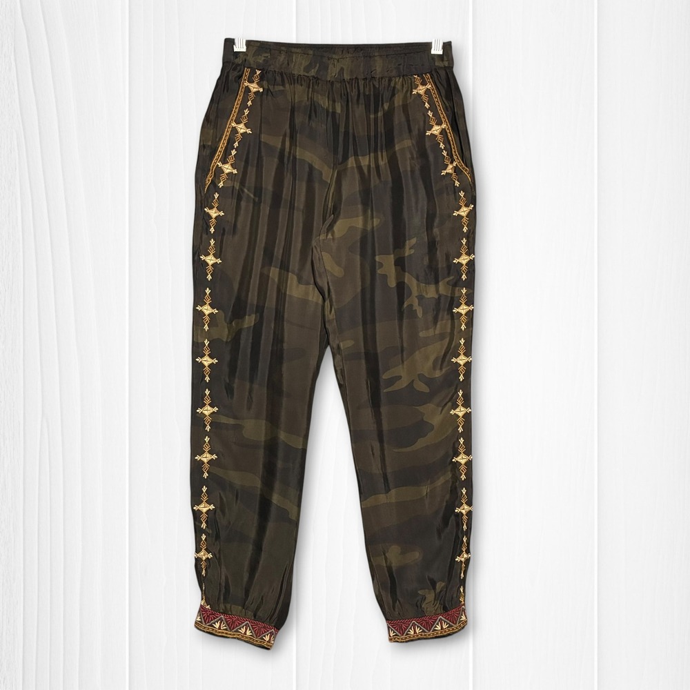 Johnny Was Workshop Camo Embroidered Boho Jogger Pants Womens XS Green
